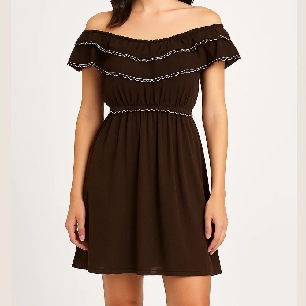 chocolate brown ruffle dress Zahra Chocolate Brown Halter-Neck Ruched Mini Dress With Ruffle Hem – Club  L London